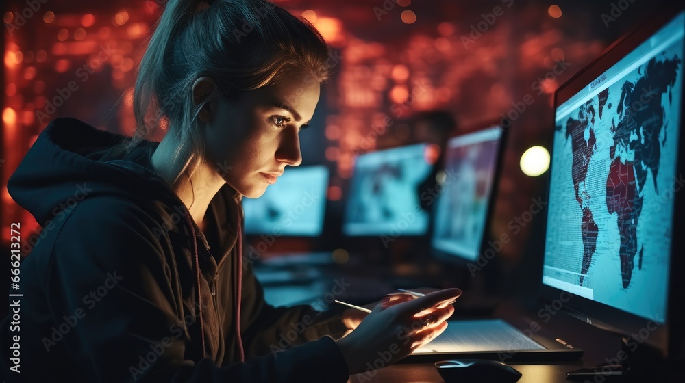 Poster woman and computer in dark room for virtual malware hacking, cybersecurity, attacking the internet w