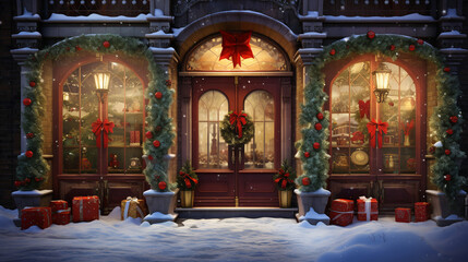Fototapeta na wymiar winter entrance doors, porch, store windows decorated with Christmas decorations, evening, festive, cozy atmosphere, in English style, photorealistic, detailed