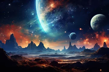 Rolgordijnen Space landscape with planets and stars  © PinkiePie
