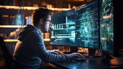 Young man IT programmer checking the network status on computer screen with cyber security hologram, Analytics and working at night, Technology, Developer .