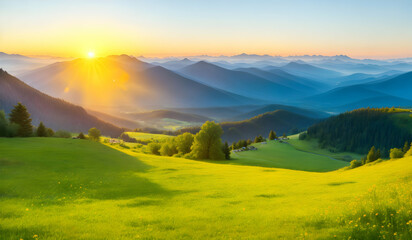 Beautiful summer landscape in the mountains at sunrise. Natural summer background