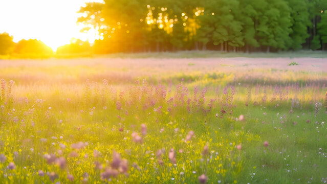 Beautiful meadow with wildflowers at sunset in summer.