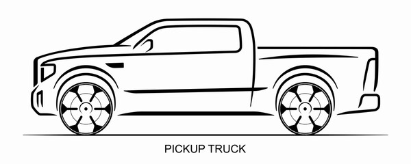 Pickup truck silhouette isolated on white background. Side view of the double-cab pickup truck. Line art design template. Vector illustration. © vectorcreator
