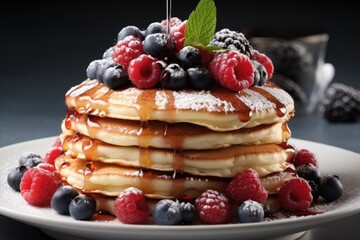 Stack of fluffy pancakes with assorted fresh berries.