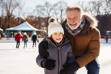Fototapeta na wymiar Happy grandfather and granddaughter having fun and skating on outdoor skating rink