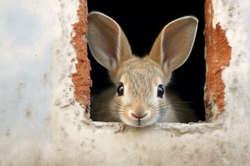 A rabbit near a wall, looking at camera. Generative AI
