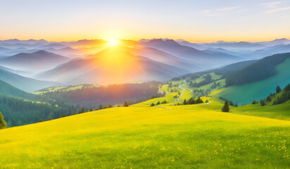 Beautiful summer landscape in the mountains at sunrise. Natural summer background