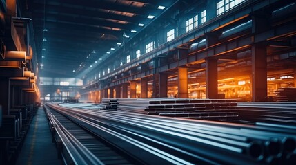 Fototapeta premium Pipe, Steel plate, Steel in Heavy manufacturing industrial warehouse, beam.