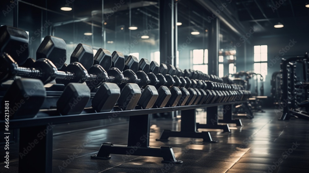 Wall mural Rows of dumbbells sorted by weight, immaculately placed on a rack within a well-lit modern gym.