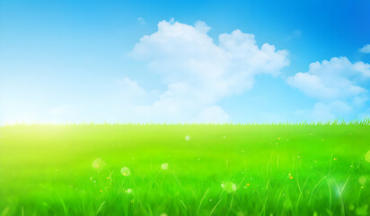 Fototapeta na wymiar Green grass and blue sky with white clouds, spring nature background.