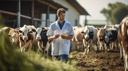 Veterinarian inspecting livestock on pasture, Dairy farm.