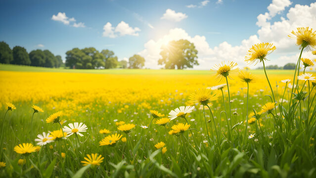 Field of yellow flowers on a background of blue sky with clouds.
