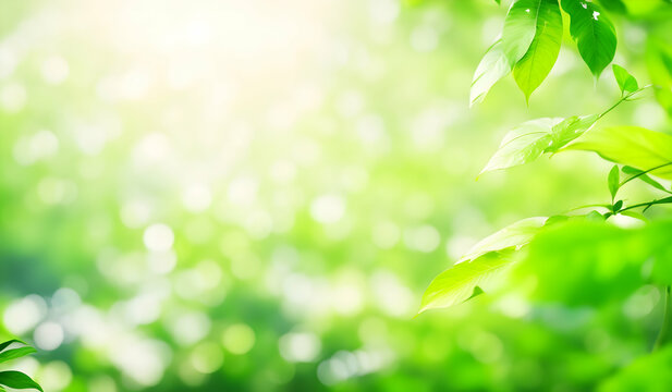Green leaves on blurred greenery background with bokeh and sunlight