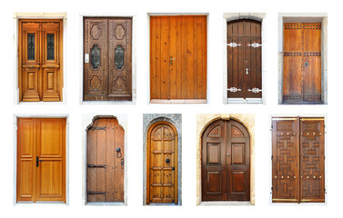 Multiple European Wooden Doors Isolated on White