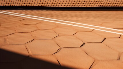 The dappled shadow of a tennis net on a clay court.
