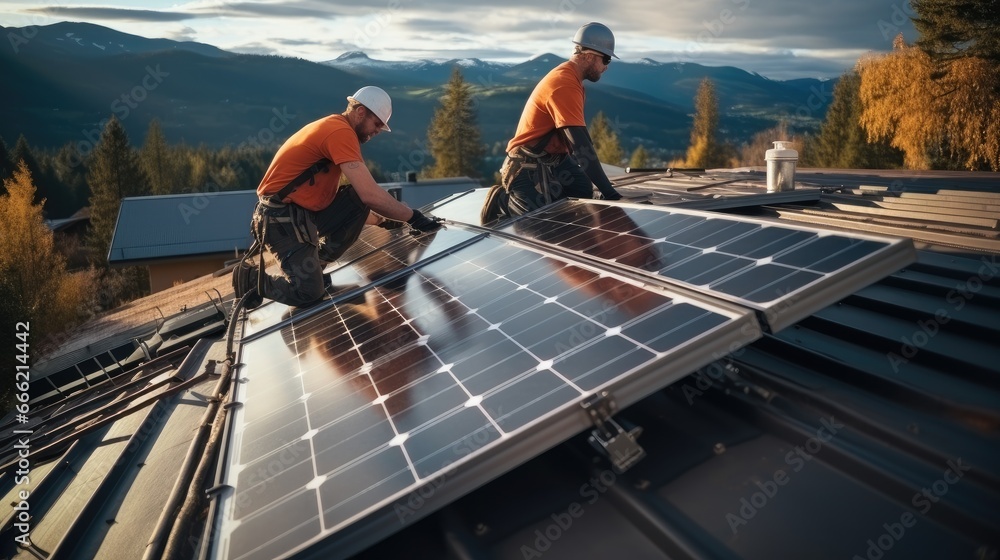 Poster workers installing building solar panel system on roof of house, concept of alternative and renewabl