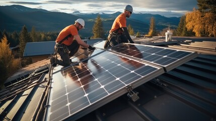 Workers installing building solar panel system on roof of house, Concept of alternative and renewable energy. - obrazy, fototapety, plakaty