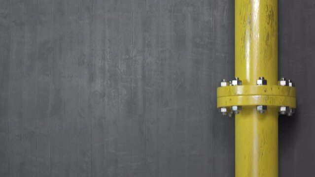 Oil and gas yellow pipeline valve on gray wall background.. Opening and closing fields, transportation, storage and processing in  gas and oil industry. Looped 3d  animation