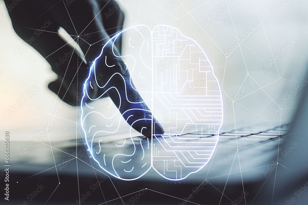 Poster double exposure of creative human brain microcircuit with hand typing on computer keyboard on backgr