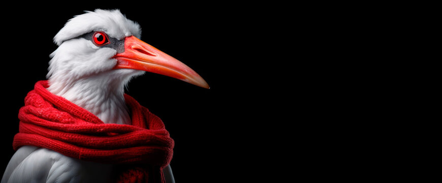 Portrait close up of a white stork dressed in a warm knitted red scarf on a long neck. Panoramic image of the stork head on the left against the background of a black isolated banner. Generative AI.