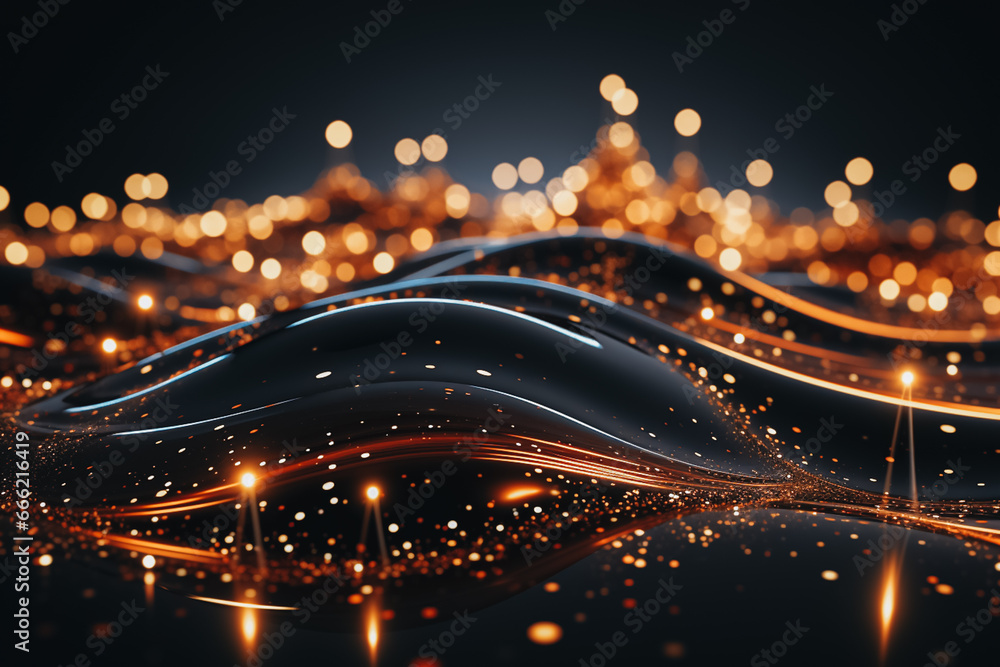 Poster abstract background with wavy flowing golden glittering lines and black waves. illuminated light pai