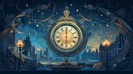 New Year banner, in the center the clock shows the time in a Christmas atmosphere in blue-blue orange tones, vector