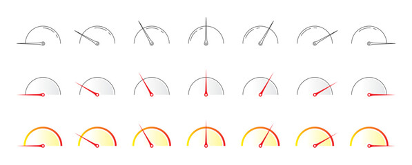 seven step speedometer set. semi-circle speedometers. vector indicator