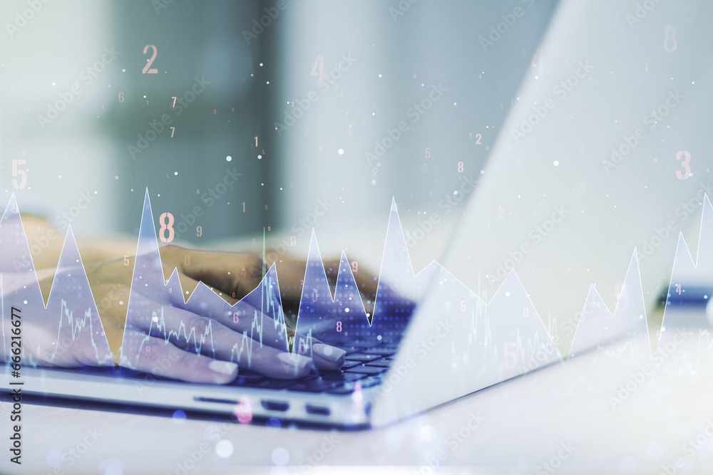 Poster Abstract creative stats data concept with hands typing on laptop on background. Multiexposure