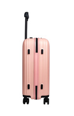 Bag side view. Spinner suitcase, pink hand luggage, travel baggage isolated on white