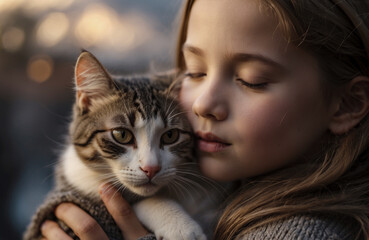 cute closeup image of girl hugging her cat