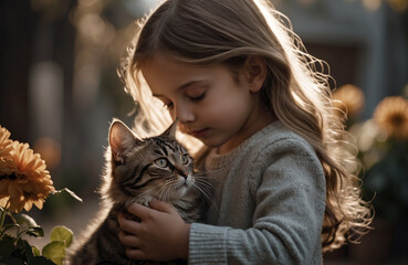 tender image of girl hugging her cat with beautiful backlighting