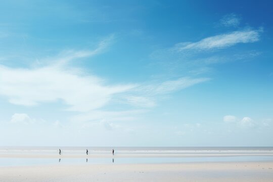 Vibrant day at the beach, with people's figures against the vastness of the ocean and a sky painted with clouds