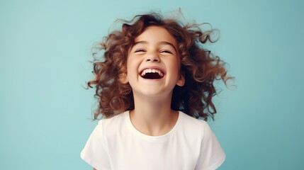 Cute Laughing Girl Isolated on the Minimalist Pastel Color Background
