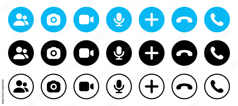 Leinwandbilder Camera video icon. Phone call icon answer, accept and decline call icons. Create new icon. Microphone icon. People group icon - Web icons set