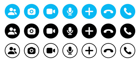 Camera video icon. Phone call icon answer, accept and decline call icons. Create new icon. Microphone icon. People group icon - Web icons set