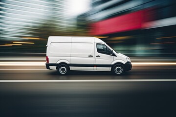 a white package delivery and logistics vehicle automobile van moving fast in urban city on a road