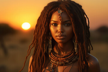 Portrait of a young African woman from an Indian tribe in the savannah at sunset - obrazy, fototapety, plakaty