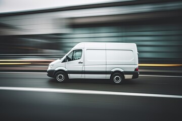 a white package delivery and logistics vehicle automobile van moving fast in urban city on a road