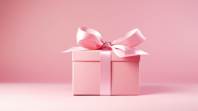 This charming image features a pink gift box with a ribbon on a soft pink background, offering copy space and ideal for romantic occasions.