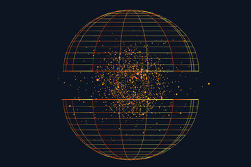 Abstract Pattern Network Technology with Dot, Point. Science Explosion Global Dot, Line in the Form Circle on Black Background. 3d Splash Futuristic Geometric Grid. Explosion Effect.