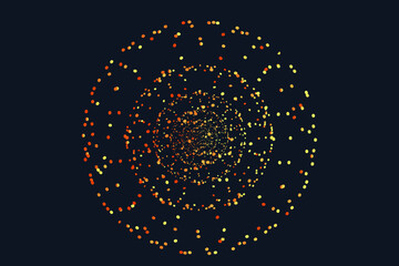 Abstract Pattern Network Technology with Dot, Point. Science Explosion Global Dot in the Form Circle on Black Background. 3d Splash Futuristic Geometric Grid. Explosion Effect.