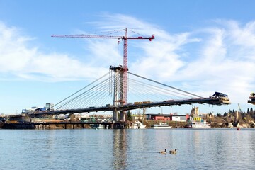 4K Image: Bridge Construction in Progress - Tilikum Crossing over Willamette River, Portland, Oregon USA