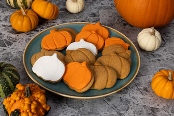 Pumpkin-Shaped Cookies with Sugar Icing for Thanksgiving