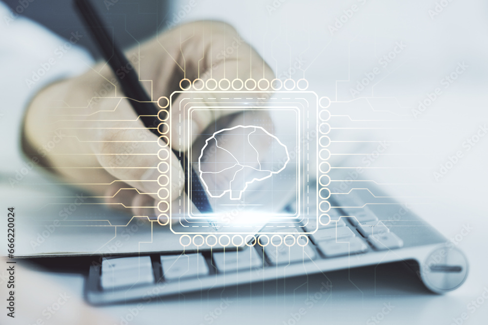 Aufkleber creative artificial intelligence concept with human brain hologram and hand writing in notebook on b