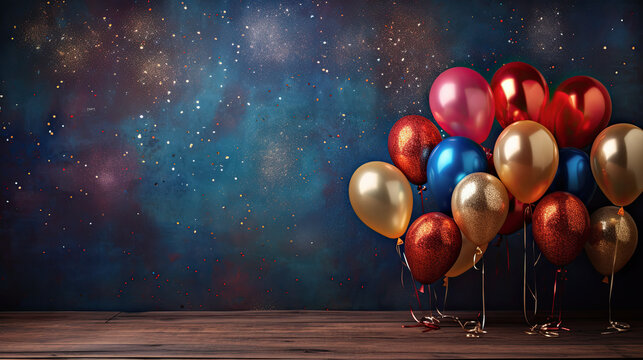 conjunto de globos de colores con lazo posado sobre suelo de madera y fondo de color azul con confeti, con espacio vacio