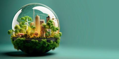 Sustainability banner, environment concept. Glass Globe with city inside, green energy  - obrazy, fototapety, plakaty