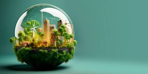 Foto op Canvas Sustainability banner, environment concept. Glass Globe with city inside, green energy  © Nestudio