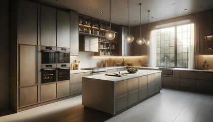 Softly Lit Modern Scandinavian Kitchen: A Photorealistic Capture with Earthy Matte Cabinets