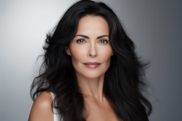 A serene and confident mature Caucasian woman in her 50s or 60s, radiating natural beauty and happiness in a studio portrait.