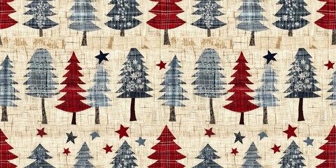 Old-Fashioned christmas tree with primitive hand sewing fabric effect endless edging. Cozy nostalgic homespun winter hand made crafts style trim.  - obrazy, fototapety, plakaty